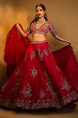 Pink Raw Silk Designer Heavy Patch Work Lehenga with Deep V Neck Blouse