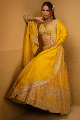 Yellow Organza Handworked Designer Lehenga with Sequin and Beaded Detailing