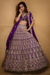 Purple Raw Silk Scallop Jaal Designer Handworked Lehenga with V Neck Blouse
