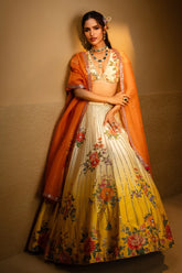 Yellow Ombre Raw Silk Designer Floral Motifs and Mirror Worked Lehenga with Deep V Neckline Blouse