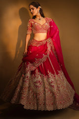 Pink Raw Silk Heavy Designer Bridal Lehenga with Double Dupatta and Deep V Neckline Blouse