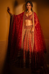 Multi Colored Raw Silk Heavy Bridal Lehenga with Curved Sweet Heart Neck Blouse and Double Dupatta