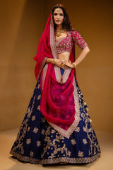 Indigo Blue Raw Silk Heavy Designer Handworked Lehenga with Curved Sweet-Heart Neck Blouse
