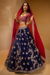 Indigo Blue Raw Silk Heavy Designer Handworked Lehenga with Curved Sweet-Heart Neck Blouse