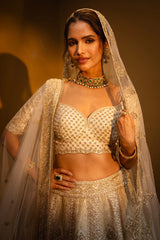 Cream Raw Silk Designer Heavy Bridal Lehenga with Sweet Heart Neck Blouse and Double Dupatta