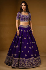 Violet Purple Raw Silk Heavy Designer Handworked Border Lehenga