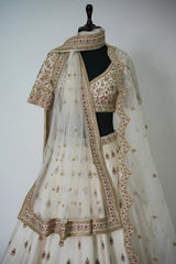 Off White Raw Silk Zari Sequin Embroidery Lehenga