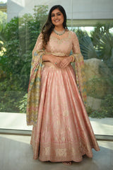 Baby Pink Banarasi Silk Woven Lehenga with Beads and Sequin Work on Border