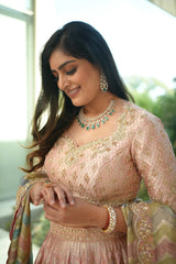 Baby Pink Banarasi Silk Woven Lehenga with Beads and Sequin Work on Border