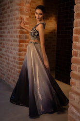 Grey and Black Ombre Lehenga with Designer Wrap Style Neckline Blouse