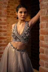 Grey and Black Ombre Lehenga with Designer Wrap Style Neckline Blouse