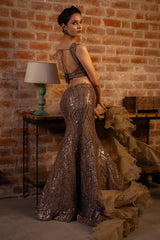 Brown Net Fish Cut Sequin Beaded Designer Lehenga