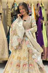 Cream Tissue Desginer Floral Patch Lehenga with Patola Border