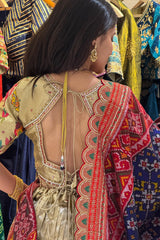 Golden Tissue Pleated Lehenga with Animal and Bird Motif Lehenga with Patola Dupatta