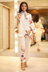 Pearl White Thread Embroidery Shirt Style Co-Ord Pant Set in Rayon