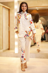 Pearl White Thread Embroidery Shirt Style Co-Ord Pant Set in Rayon