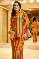 Multi Colored Stripes Printed Shirt Style Co-Ord Palazzo Set in Rayon
