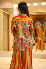 Multi Colored Stripes Printed Shirt Style Co-Ord Palazzo Set in Rayon