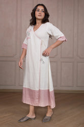 Off White and Pink Linen Embroidered Angrakha Style Kurti