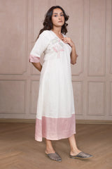 Off White and Pink Linen Embroidered Angrakha Style Kurti