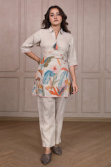 Oyster Beige Linen Floral Digital Printed Co-Ord Set