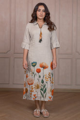 Oyster Beige Linen Floral Printed Dress