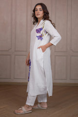 Pearl White Linen Floral Printed Co-Ord Set with Pocket