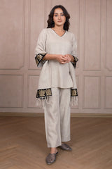 Oyster Beige Linen Co-Ord Set with Lotus Embroidery On Sleeves