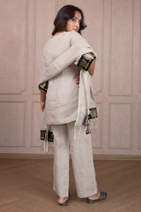Oyster Beige Linen Co-Ord Set with Lotus Embroidery On Sleeves