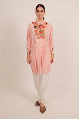 Light Pink Silk Intricate Thread Embroidery Kaftan Style Top