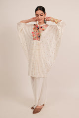 Pearl White Silk Intricate Thread Embroidery Kaftan Style Top