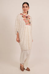 Pearl White Silk Intricate Thread Embroidery Kaftan Style Top
