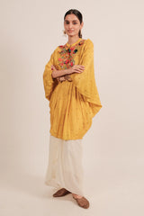 Yellow Silk Intricate Thread Embroidery Kaftan Style Top