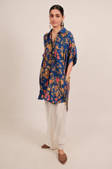 Blue Silk Floral Printed High and Low Top with Pocket