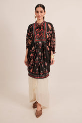 Black Silk Floral Digital Print Kaftan Style Top