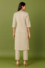 Beige Linen Embroidered Co-Ord Set
