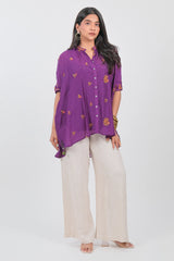 Purple Crepe Silk Floral Embroidered High and Low Tunic Top