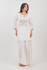 Off White Silk Mirror Embroidered Kurti Palazzo Set