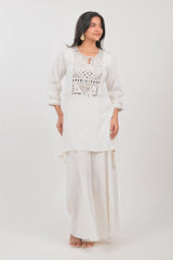Off White Silk Mirror Embroidered Kurti Palazzo Set