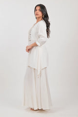 Off White Silk Mirror Embroidered Kurti Palazzo Set