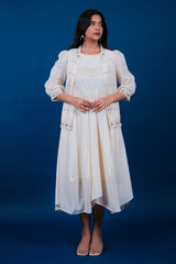 Off White Linen Embroidered Assymetric Dress with Jacket