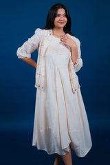 Off White Linen Embroidered Assymetric Dress with Jacket