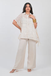 Off White Cotton Thread Embroidered Tunic Top