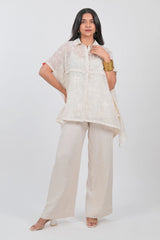 Off White Cotton Thread Embroidered Tunic Top