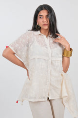 Off White Cotton Thread Embroidered Tunic Top
