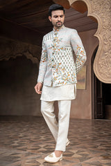 Off White Silk Jodhpuri Kurta Set with Multi Colored Thread Embroidery Work Jacket