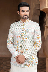 Off White Silk Jodhpuri Kurta Set with Multi Colored Thread Embroidery Work Jacket