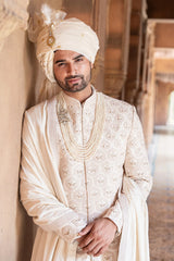Cream French Knot and Zardosi Work Sherwani Set in Raw Silk