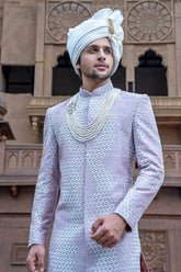 Light Purple Cutdana and French Knot Work Sherwani Set in Raw Silk