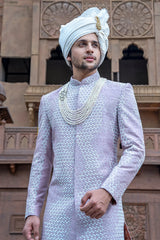 Light Purple Cutdana and French Knot Work Sherwani Set in Raw Silk